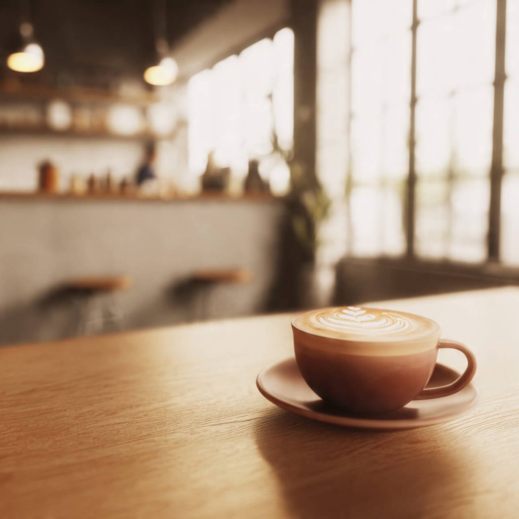 Flatlay of an eco-friendly café scene with a ceramic coffee cup and natural wooden textures.